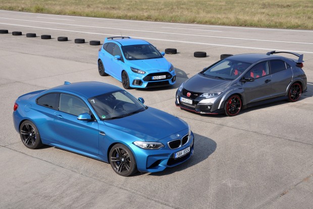 Közös teszt: BMW M2, Ford Focus RS, Honda Civic Type R 8 A tököli pályán kopott gumijával 43,39 mp volt az M2, 41,75 a CTR és 41,68 másodperc a Focus RS mért körideje