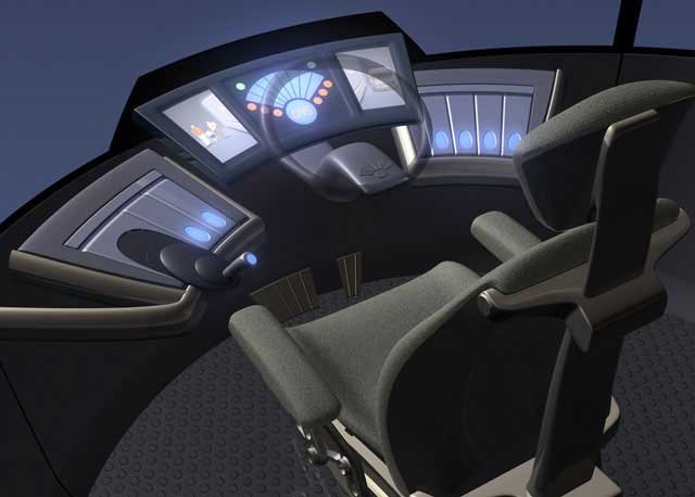 A vezető köré tervezték az utaskabint, a sofőr középen ül, a váltókar állítható