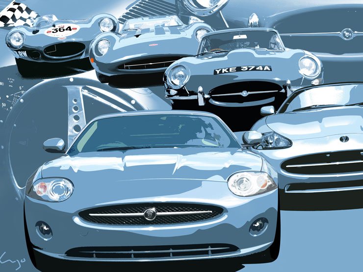 Patinás ősökre tekinthet vissza az XK, középen az 1961-ben bemutatott E-Type, leghátul egy D-Type versenyautó még korábbról