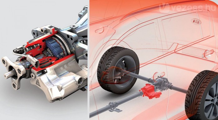 Balra van a többtárcsás kuplung. Összenyomott lamellákkal bekapcsolja a hajtásba  a hátsó kerekeket