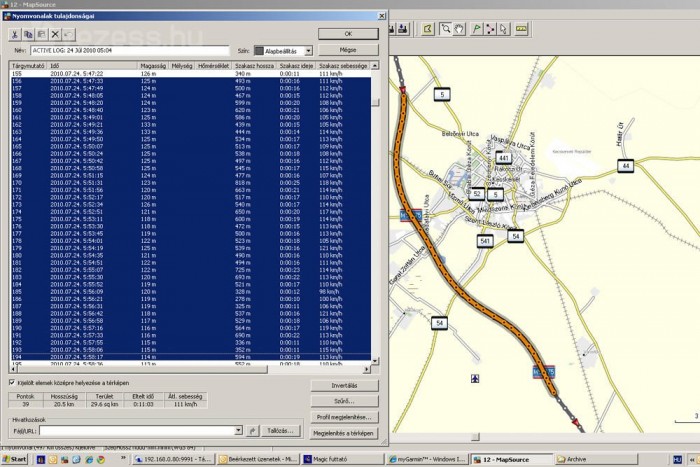 A kérdéses szakaszra lekért sebességadatok