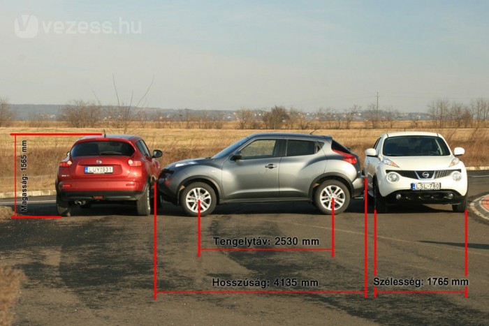 Külső méretekben a kiskocsik és a kompakt autók között áll a Juke. Csomagtere az előbbiekhez, hátsó lábtere utóbbiakhoz van közelebb. Nagy kerekeivel a Juke alul SUV-t, felül sportkupét mutat a rejtett hátsó ajtókilincsekkel