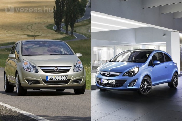 Egy Opel, amire a csajok buknak 3 Balra a 2007-es, jobbra a 2011-es Corsa D. Vagányabb lett a nagyobb a légbeömlő-nyílással, az új lámpával és hűtőmaszkkal