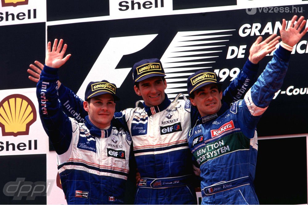 Villeneuve, Hill és Alesi az 1997-es Francia Nagydíj dobogóján