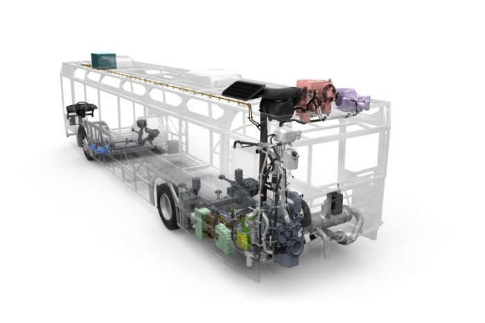 A tetőn, elöl kékkel jelölve a szabályozott hőmérsékletű lítium-ion akkumulátorok