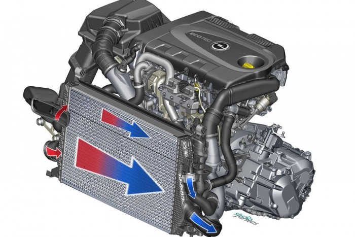 Az Astrában a kisebb motortér miatt a két különböző modul helyett egyben szerepel a két töltőlevegő-hűtő egymás felett illetve alatt. 