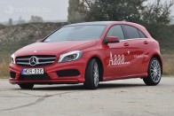 Szélesen terpeszt a Mercedes A-osztály. Hiába 1,4 méter magas mint riválisai, az optikai játéknak köszönhetően sokkal alacsonyabbnak hat