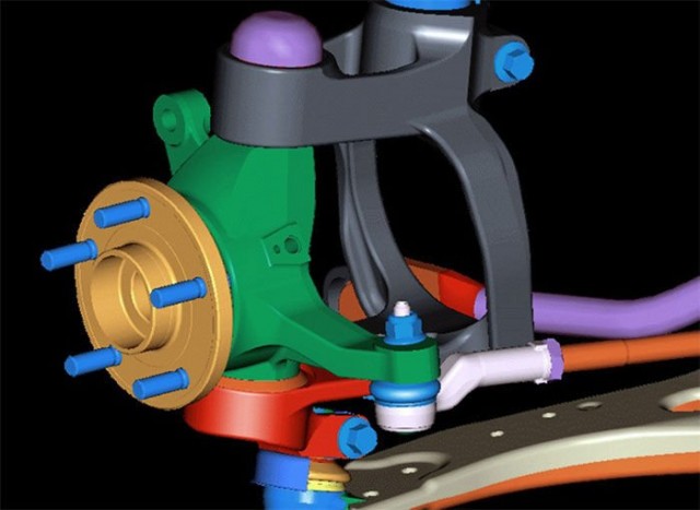 A fő különbség, hogy nem az egész rugós tag fordul el kormányzáskor, csak a zölddel jelölt kerékagy. Ezzel kevesebbet változik a kerékdőlés, az autó stabilabb kanyarban