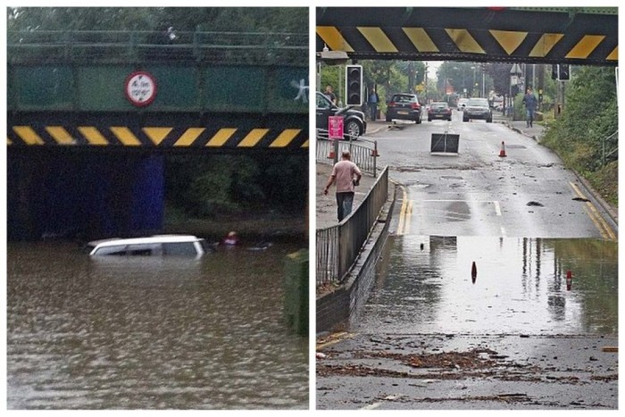 A híd alja az esőzés után, és másnap reggel, miután elvonult a víz