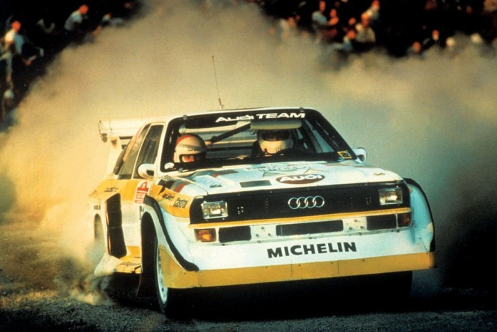 Audi, amely verte a Ferrarikat 2 Walter Röhrl és Christian Geistdörfer itt a San Remo ralin veret 1985-ben a sport quattro S1-gyel. A képgalériában megtalálhatók a raliautók evolúciós fokozatai