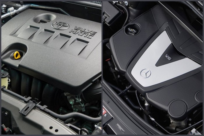 Nagyon nem mindegy: balról a 132 lóerős Toyota 1,8-as, jobbról a 320 CDI 224 lóerővel, egy GL-osztály orrában