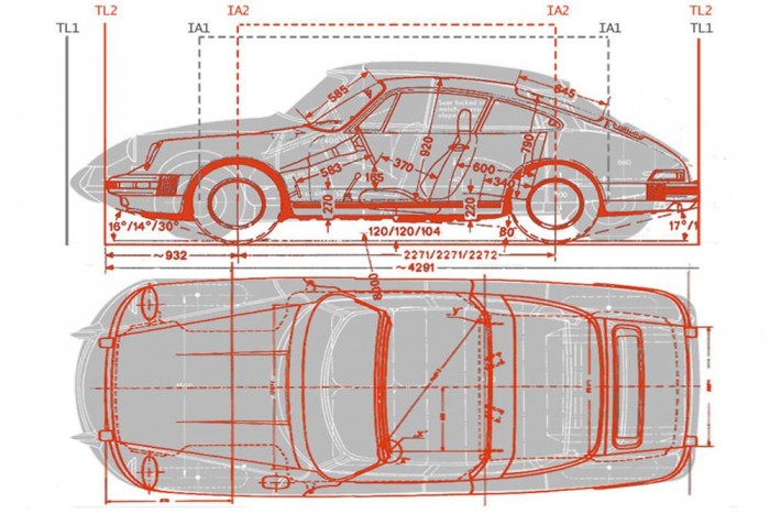 A két autó egymásra vetítve. A piros vonal a 911, a szürke rész pedig a Citroën. 