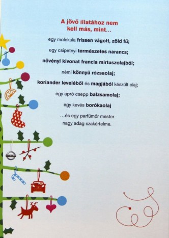 A szagos Nissan üdvözlőlap hátulja, az összetevőkkel