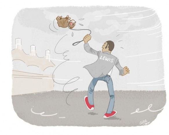 F1: A legjobb képeket a bahreini pálya osztja meg! 16 | Vezess A pálya külön személyre szóló karikatúrákkal is készült, itt Lewis Hamilton épp elhajítja kutyáját. (elvileg a széllel küzd)