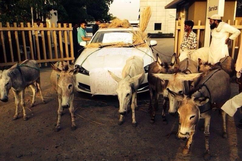 Egy indiai férfi elégedetlen volt vadonatúj Jaguarja minőségével. Mivel a helyi szerviz tehetetlen volt, szamarakat fogott a kocsi elé, úgy vontatta végig a városon. 