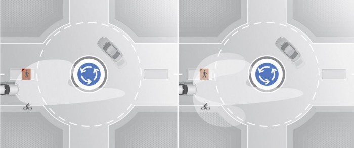 Balra a hagyományos, jobbra a Multibeam LED világítás. Többet mutat a körforgalomban