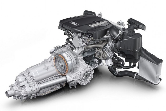 A jelenlegi Audi A8 Hybrid hajtáslánca, 2.0 TFSI benzinmotorral. Nem aratott áttörő sikert.