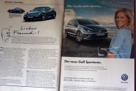 Ausztriában Helene Fischer énekesnő hirdeti a Golf Sportsvant. Itt az Auto Revue című remek magazinban