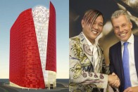 A leendő luxusszálloda gigantikus gyémánt hatású homlokdísszel. Jobbra Hung úr és Torsten Müller-Ötvös, a Rolls-Royce elnök-vezérigazgatója