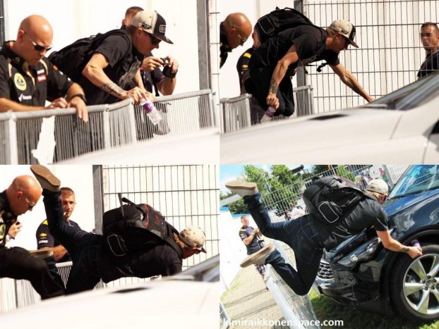 Egy esés képsorai. Kerítésen át akart kerülni, de nem jött össze a dolog. A kép később sok vicces photoshop alkotás alapanyaga lett.