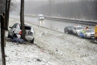 Baleset helyszíne az M5-ös autópálya 31-es kilométerénél, az ócsai lehajtó közelében 2015. január 25-én, ahol lesodródott és fának ütközött egy személyautó. A járműben egy ember utazott, az elsődleges információk szerint a sofőr vezetés közben rossz lett, halálát feltehetően nem a baleset okozta. MTI Fotó: Mihádák Zoltán