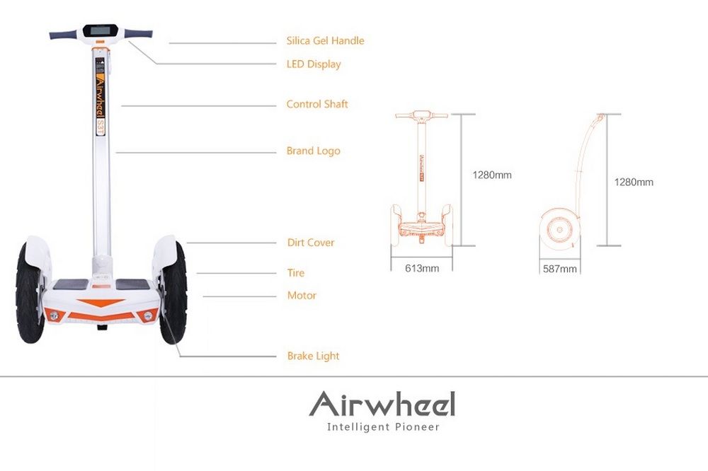 Az Airwheel S3 elemei, méretei