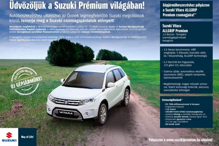 Magyar faluba magyar autót! 4 A Suzuki annyira gyorsan reagált a pályázatra, hogy még témaspecifikus kreatív marketinganyagot is volt ideje terveztetni valahogy