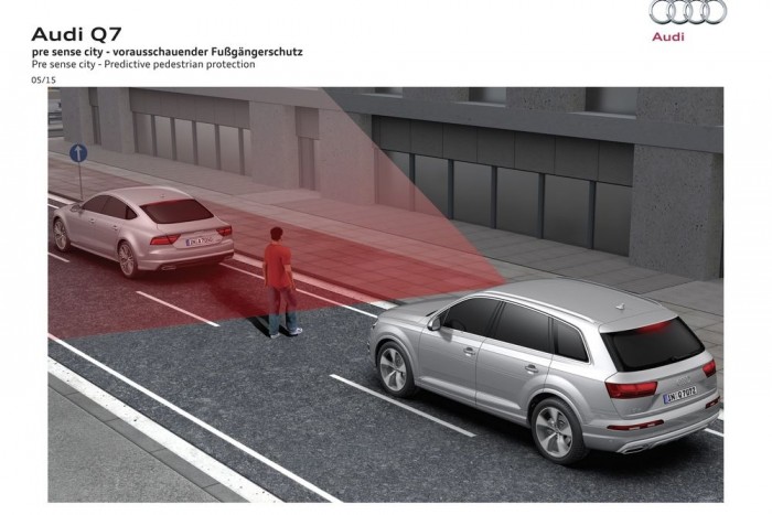 Asszisztens kéne a sok asszisztenshez – kipróbáltuk az új Audi Q7-est 13 Egy a számtalan asszsztens közül: a Q7 kiszúrja az óvatlan gyalogost, és fékez, ha kell, akkor is, ha mi nem tennénk