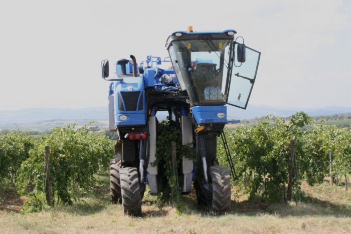 Szőlőkombájn - Túlnyomórészt hidas traktorra épített, mechanikus rázó rendszerűek. A szőlőbogyókat a horizontális alternáló mozgást végző szedőelemek verik le a tőkékről. A kerekek hidraulikus munkahengereken keresztül kapcsolódnak a vázhoz, így a belső hídmagasság változtatható. 