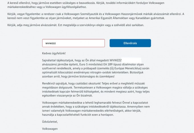 Magyarországon is hat a VW dízelbotránya 2 Ezt az üzenetet kapják az érintett EA189-es motorú autók tulajdonosai, itt egy 2011-es Passat 2,0 CR TDI-t kérdezett le tulajdonosa. Nagyon köszönjük a fotót olvasónknak!