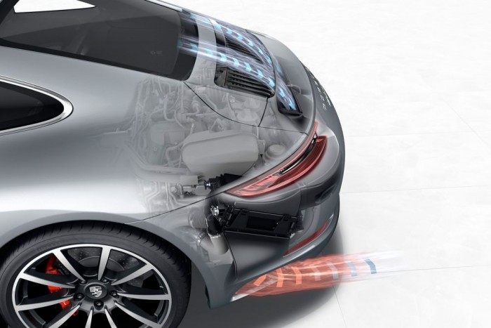 Porsche 911 991 II: már a Porschében is a fogyasztás a fontos 4 A szélesebb 911 Turbóban könnyebb volt elhelyezni a töltőlevegő-hűtőket. Itt fentről kell odavezetni a levegőt, nem szemből kapják, mint a kopoltyús sárvédőjű Turbóban