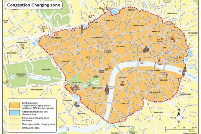 A londoni díjas övezet térképe. Hétköznap, csúcsidőben 10 font 50 penny, kb. 4400 forint a díj