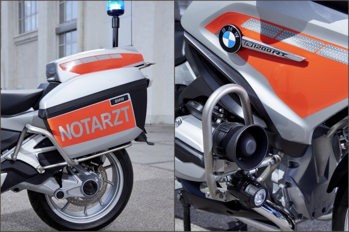 BMW-k kék villogóval 26 | Vezess Az orvosi motorkerékpár motorosan kitolható kék villogót, valamint két, orvosi eszközökkel teljesen berendezett oldaldobozt kapott; ezeket fém bukókeretek védik a sérüléstől.