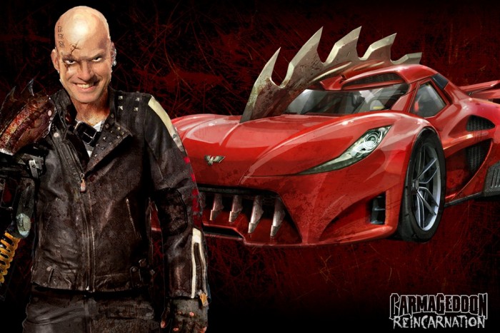 Egy rajongói kép carmageddonosított Ferrari Italiával és a kedves, pszichopata főhőssel a játékból