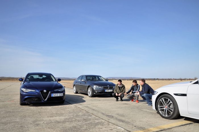 Mire megy az Alfa Giulia a 3-as BMW-vel és a Jaguar XE-vel? 18 Balról jobbra a tesztbrigád: Csordás Gábor az Autó és Stílustól, középen Csepreghy Dániel majd a szerző a Vezesstől. A trióból a 3-as BMW a legjobb autó és a Jaguar XE is nívós konkurens, de mindhármunkat meggyőzte az Alfa, hogy helye van a prémium mezőnyben