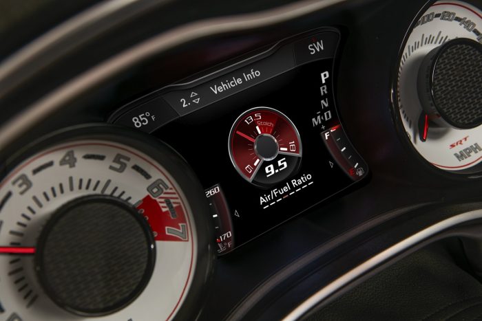 Száz fotón, két videón a világ leggyorsabb utcai autója 58 The Air/Fuel Ratio gauge is one of many performance information screens on the 2018 Dodge Challenger SRT Demon’s 7-inch instrument cluster screen, which is centered between the exclusive SRT Demon white face gauges.