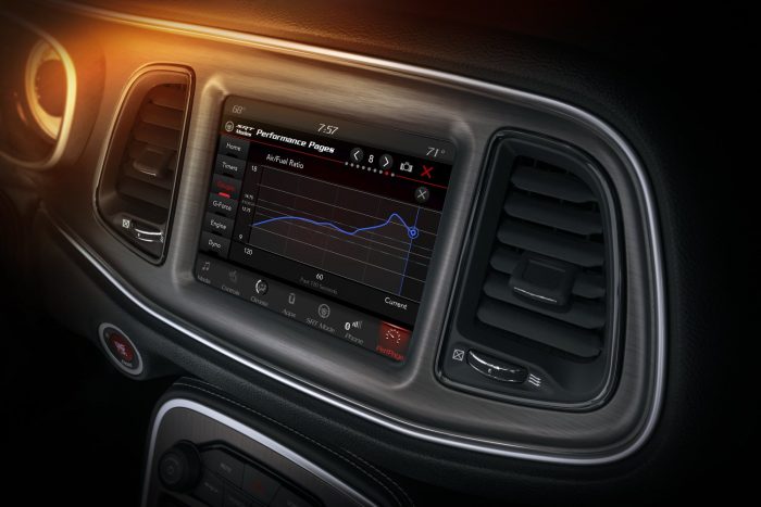 Száz fotón, két videón a világ leggyorsabb utcai autója 74 The Challenger SRT Demon’s Performance Pages feature an individual full-screen line graph, which can be expanded from each individual gauge on the main page, displayed on the 8.4-inch Uconnect touchscreen.