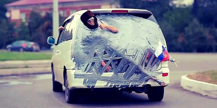 crazy-russian-roads-ushanka-hat-adhesive-tape-and-car