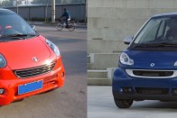 Shuanghuan Noble a Smart ForTwo ellen. Lehetetlen tagadni a hasonlóságot, a városi törpe a Smartot birtokló Mercedes számára is szemet szúrt, és jogi lépéseket helyeztek kilátásba ha a Noble Európában is forgalmazásba kerül.