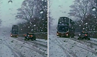 Ilyen az amikor egy emeletes busz megindul keresztbe a havon