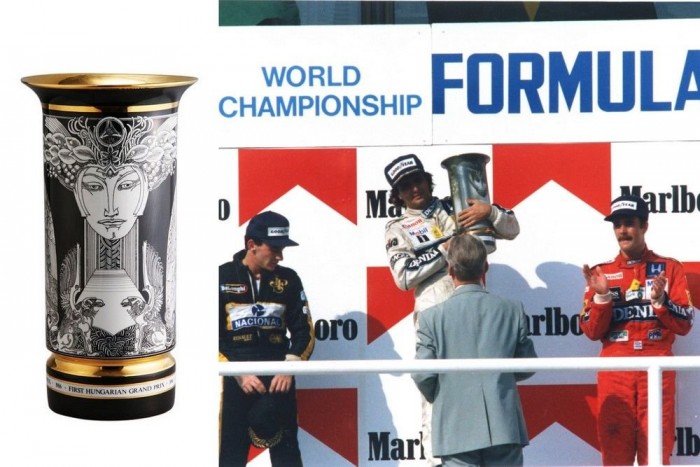 1986 - Az első Magyar Nagydíjon Szász Endre grafikájával díszített hollóházi porcelán vázát tartott a magasba Nelson Piquet