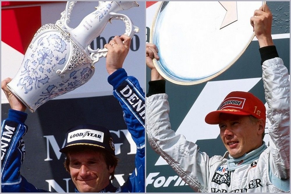 Mit tesz egy évtized: Thierry Boutsen kupája 1990-ből, és Mika Häkkinen 1999-es győzelmi trófeája. Zongorázni lehet a különbséget