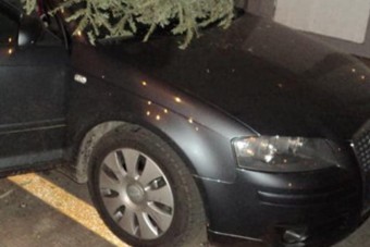 Karácsonyfát állítottak egy Audi szélvédőjébe a lakótelepen