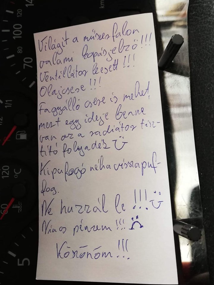Kedves kis cetlit hagyott egy hazai szerelőnek az autós 1