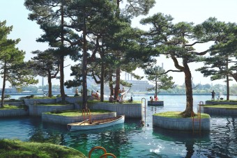 Lebegő szigetecskékből épül park a kikötőben