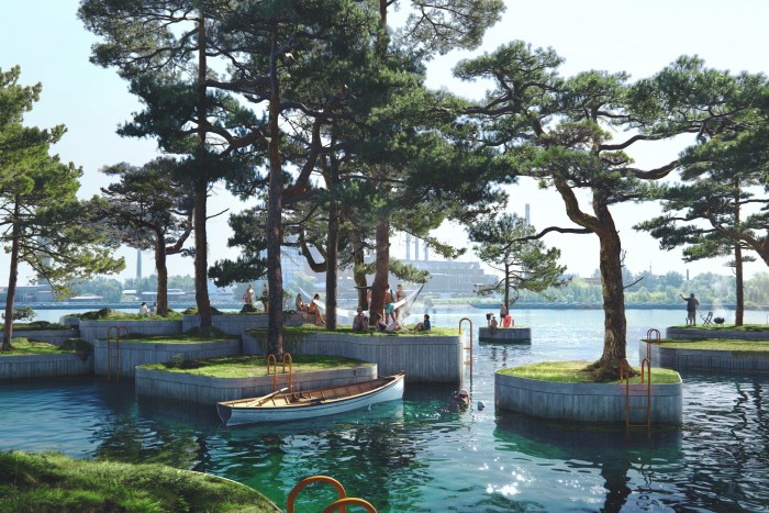 Lebegő szigetecskékből épül park a kikötőben