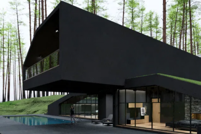 Filmes főgonoszok búvóhelye is lehetne ez a matt fekete luxuslakás az erdő mélyén