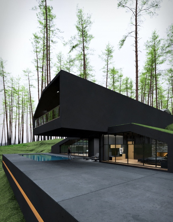 Filmes főgonoszok búvóhelye is lehetne ez a matt fekete luxuslakás az erdő mélyén 3