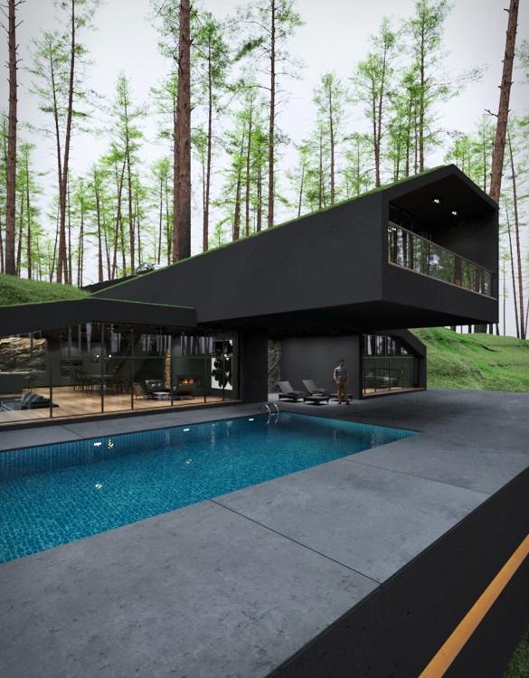Filmes főgonoszok búvóhelye is lehetne ez a matt fekete luxuslakás az erdő mélyén 2