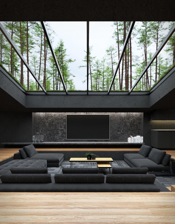Filmes főgonoszok búvóhelye is lehetne ez a matt fekete luxuslakás az erdő mélyén 7